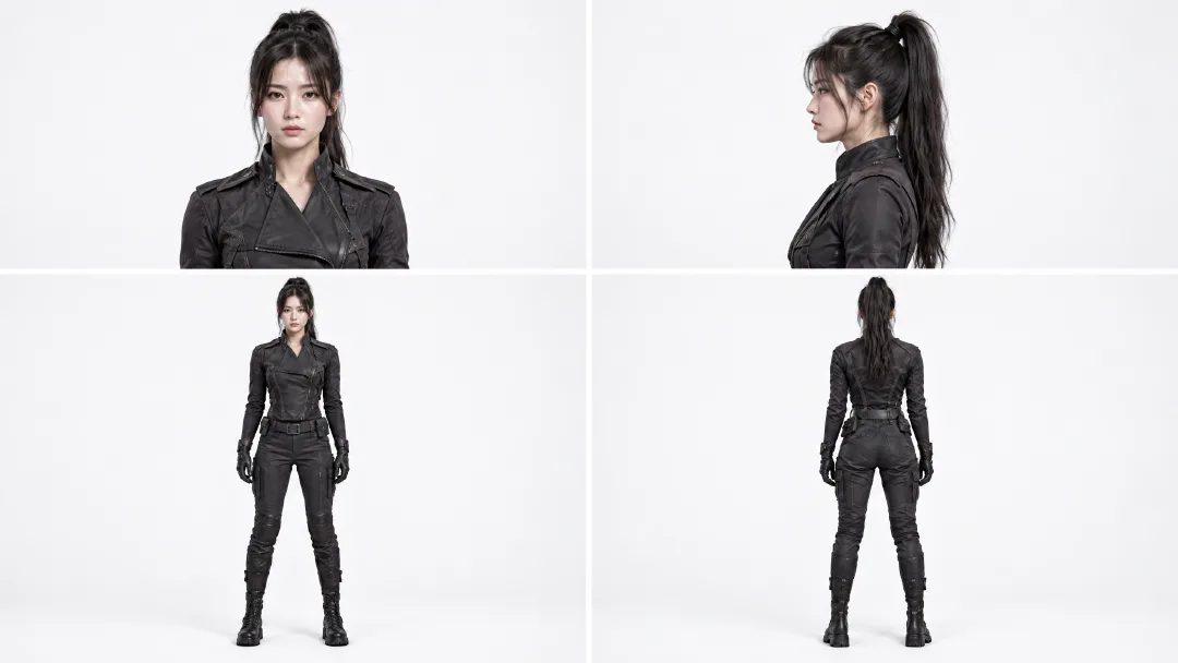Original photorealistic multi view reference sheet for the pilot
