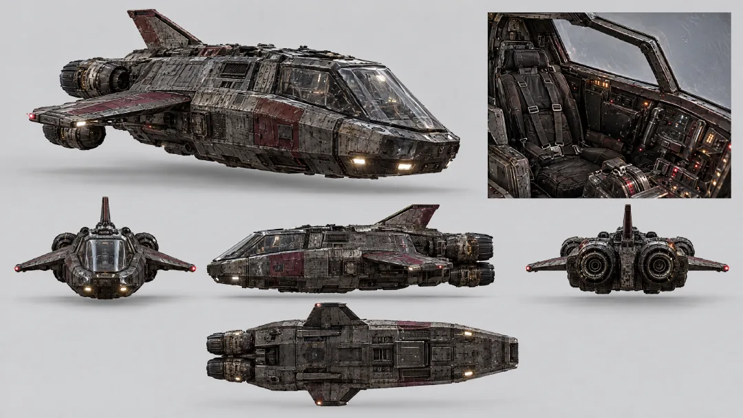 Original photorealistic spacecraft and cockpit reference sheet