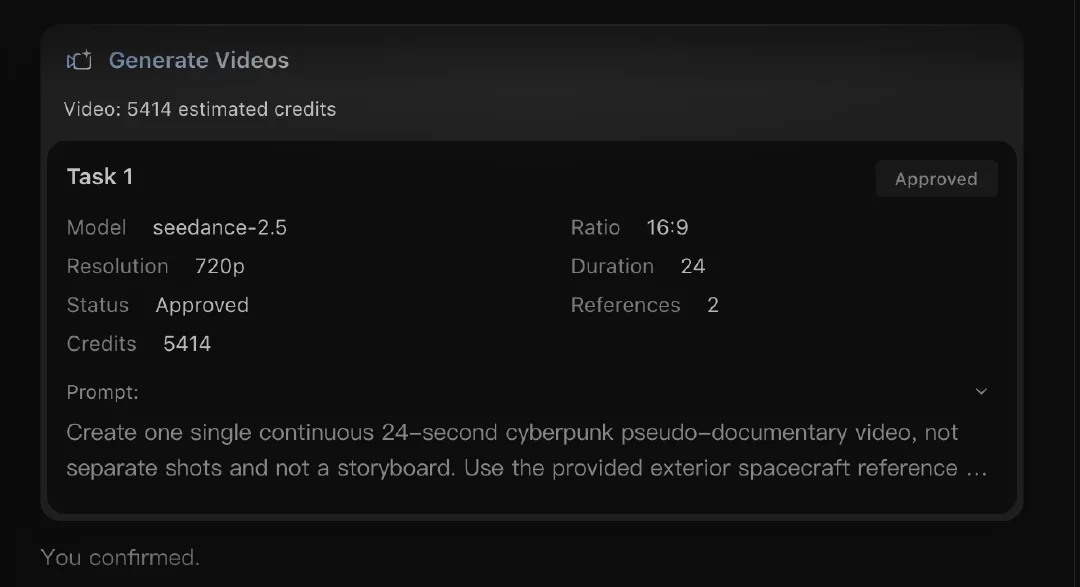 Tarea de video en Arcloop con modelo, ajustes, dos referencias y prompt