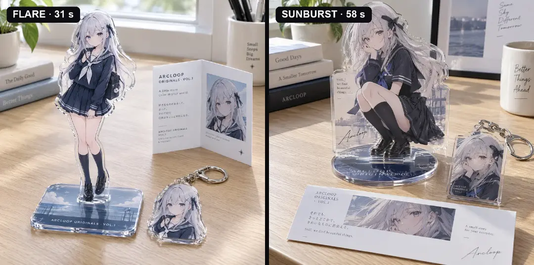 Set de merch acrílico, el mismo prompt en los dos tiers