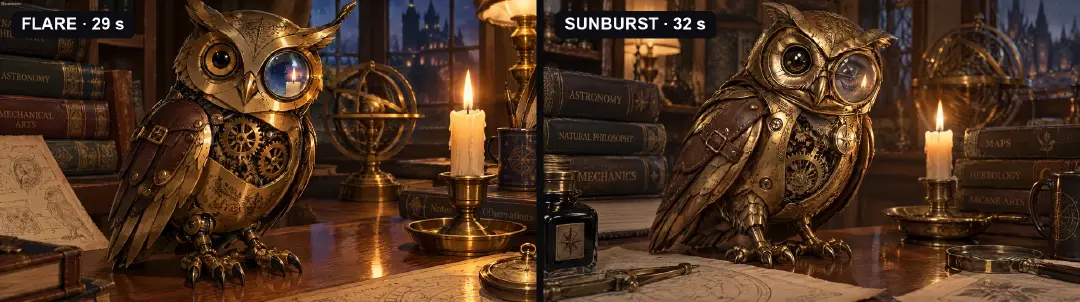 GPT Image 2.5 Flare vs Sunburst, el mismo prompt del búho mecánico