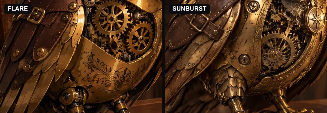 Pecho del búho al 100%: Flare pinta el latón, Sunburst lo renderiza