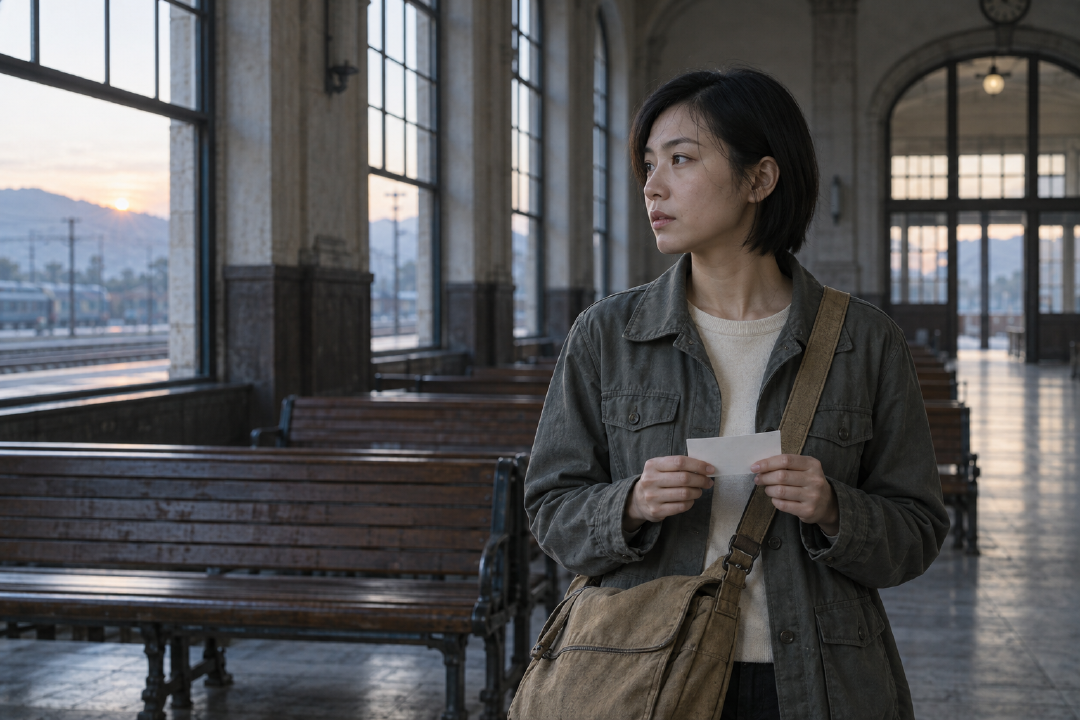 Lin Yao in an old railway station at dawn