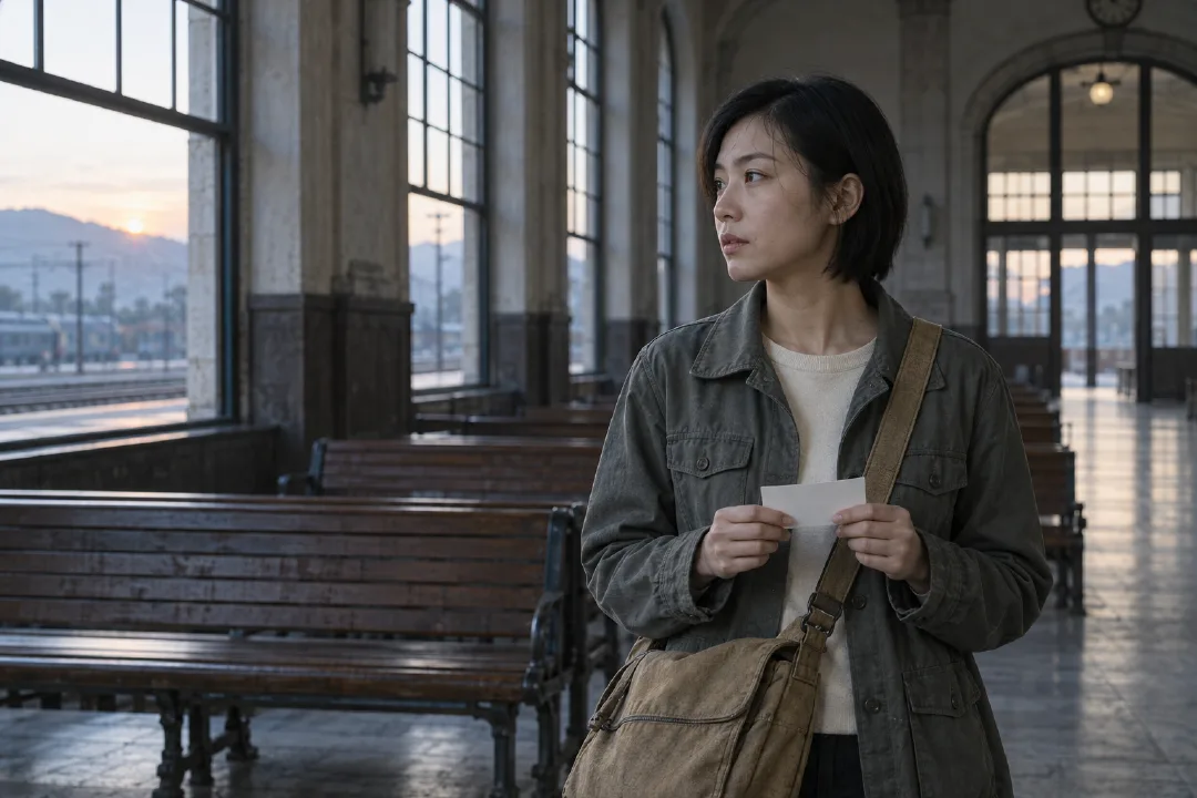 Lin Yao in an old railway station at dawn