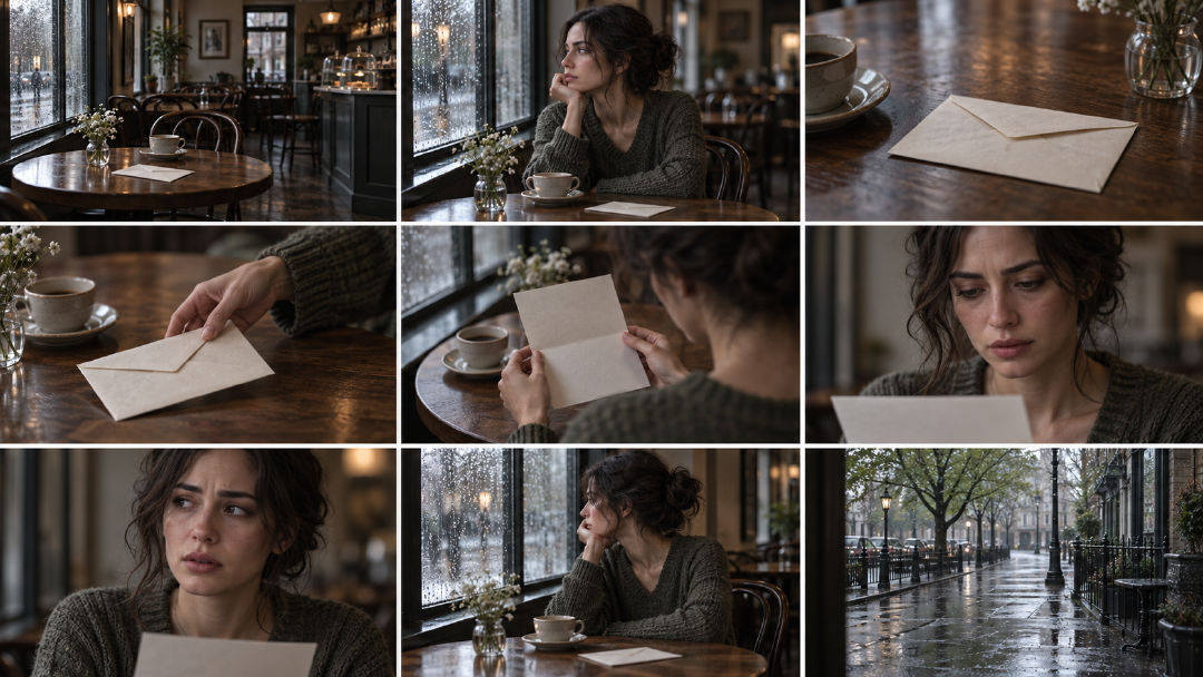 A coherent 3×3 café storyboard with the same character and spatial continuity