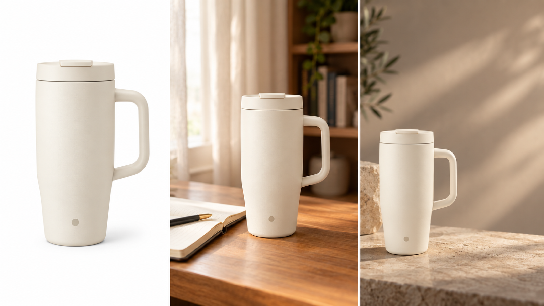 Tres direcciones de ecommerce generadas con el mismo prompt de una taza marfil