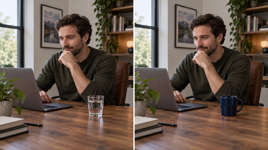 Comparación antes y después sustituyendo solo un vaso por una taza azul marino