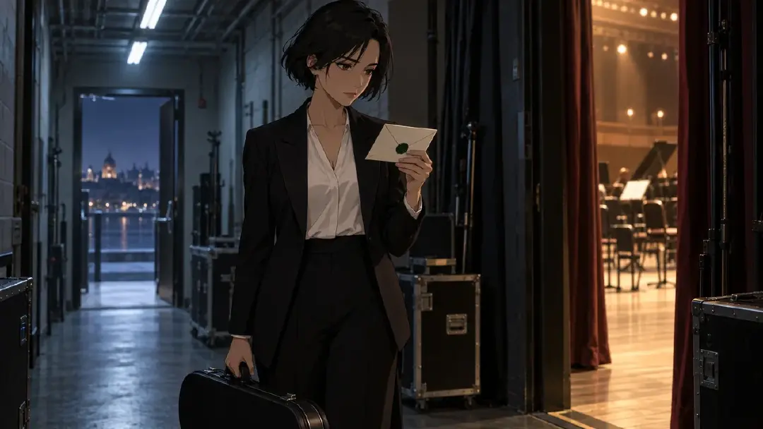 插图：当下的 Mara 在冷调后台走廊举起一封邀请函