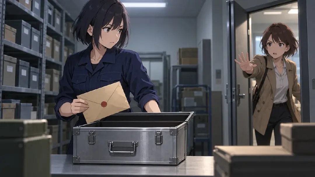 일러스트: Yuna가 증거 봉투를 Archive Case 직전에 멈추는 장면
