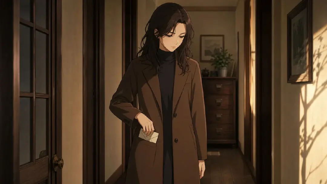 Lena 将信塞入口袋，档案柜依然可见的插图。