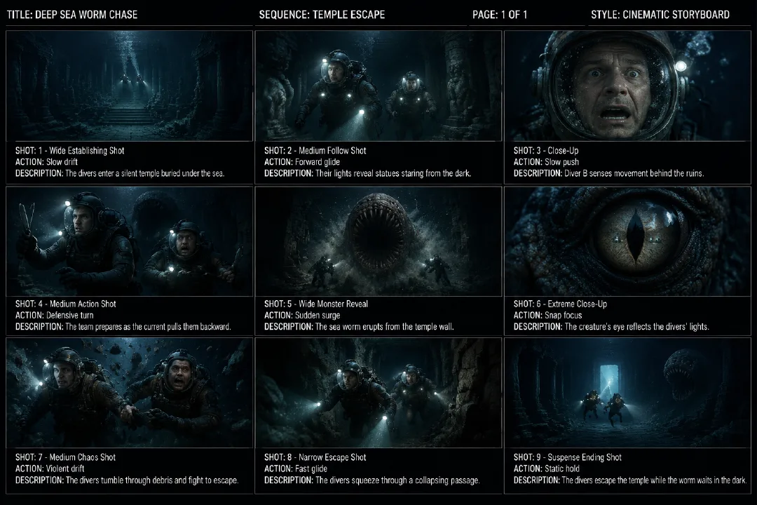 Deep Sea Worm Chase 9-Grid Storyboard