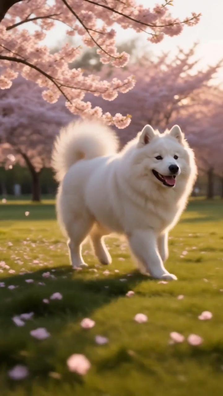 Samoyed Cherry Blossom Photobomb 参照画像AI動画テンプレートのテンプレートプレビュー
