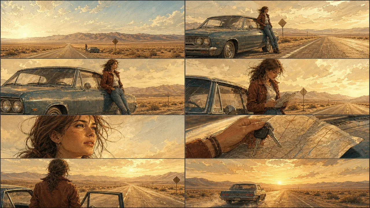 Road Trip 8 grid Storyboard Prompt