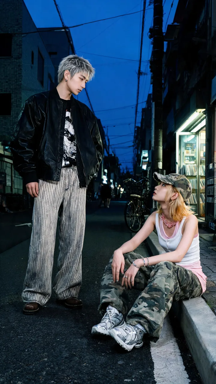 Plantilla de imagen IA de dúo de moda urbana en Tokio