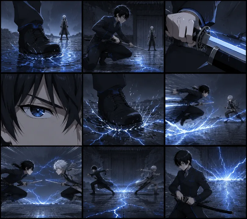 Thunder Iaido 9-Grid Anime Lineart Storyboard