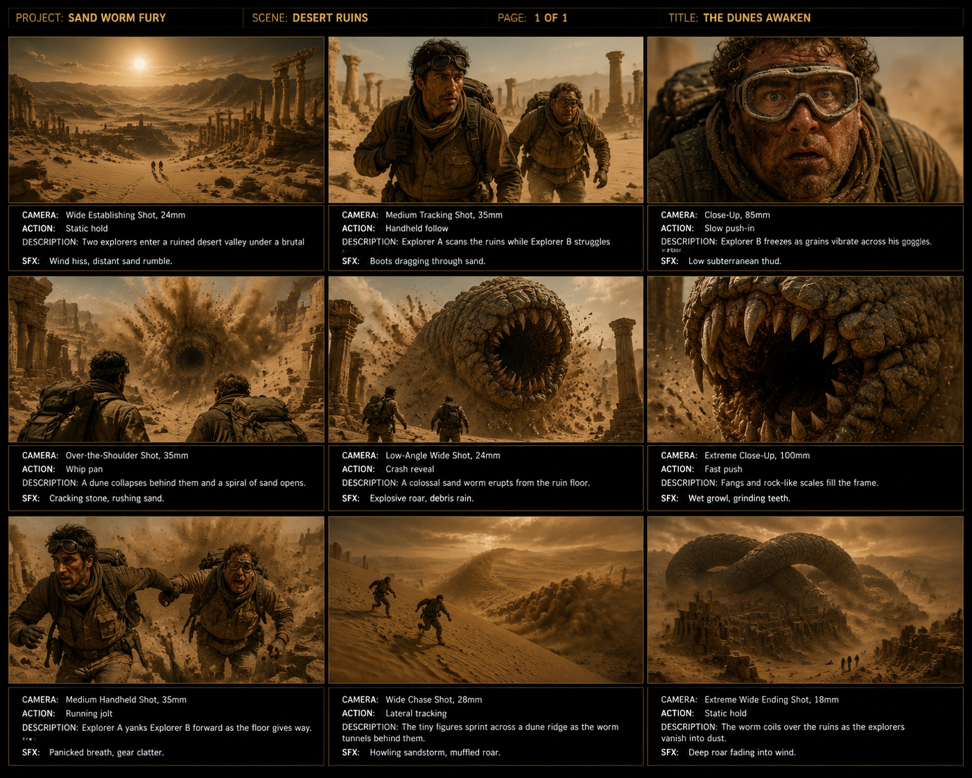 Sand Worm Ruins 9-Grid Cinematic Storyboard template preview