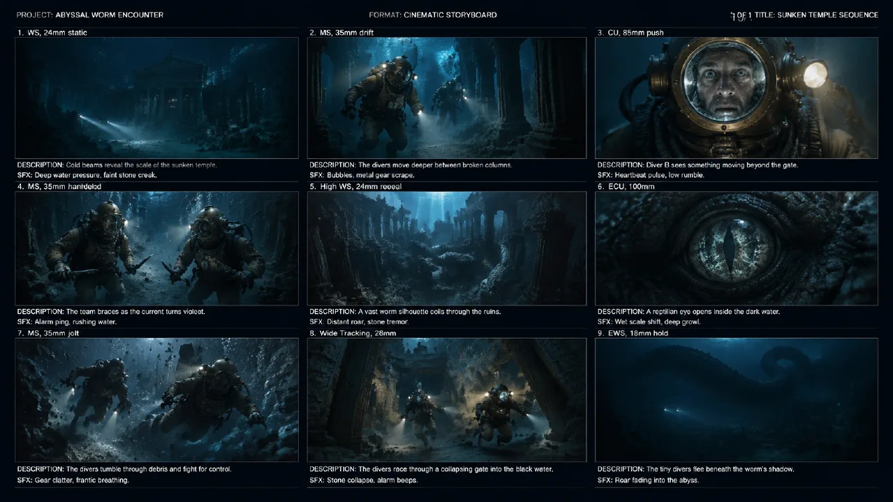 Abyssal Worm Pitch Deck 9-Grid Storyboard