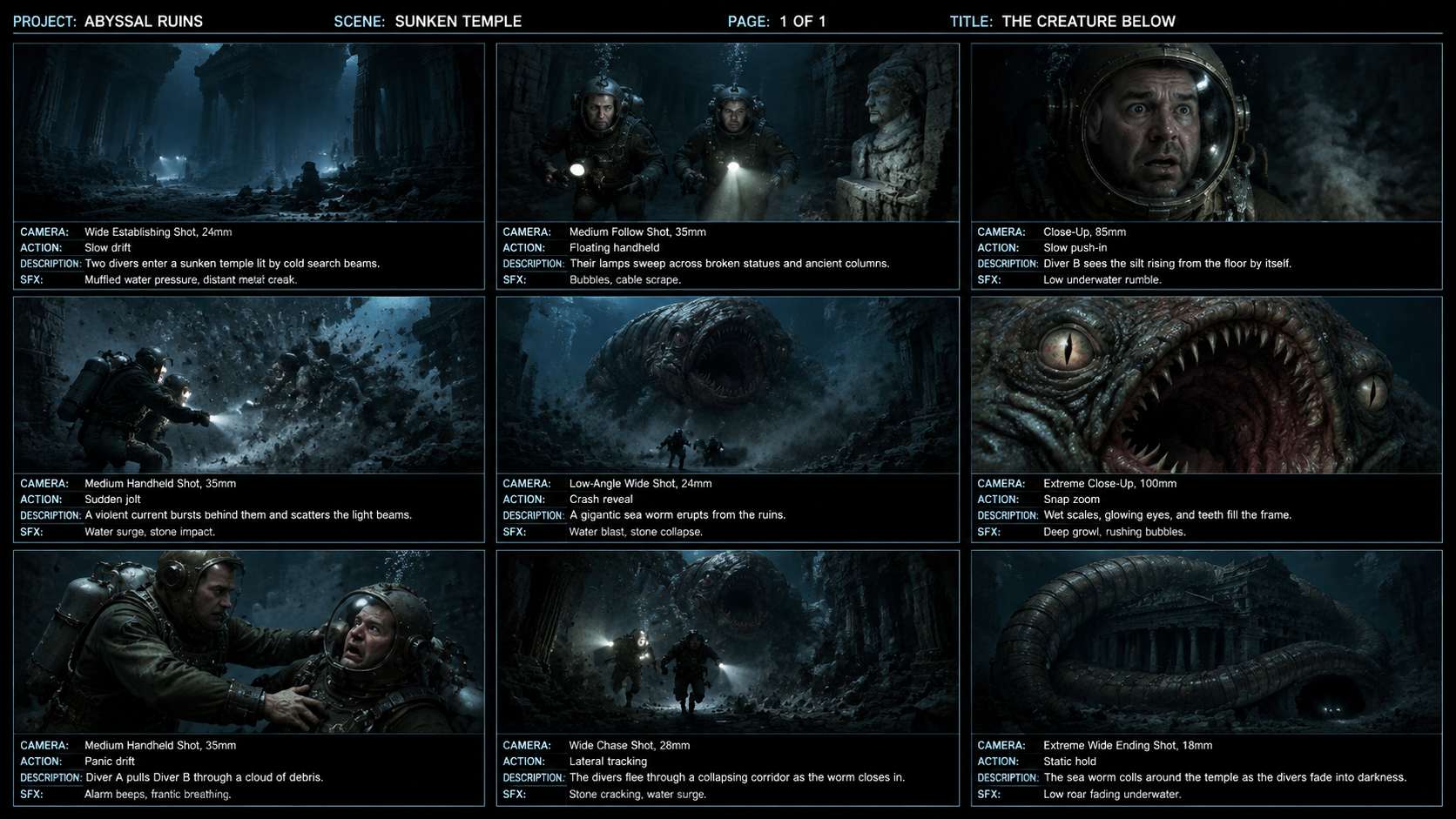 Abyssal Sea Worm 9-Grid Cinematic Storyboardのテンプレートプレビュー