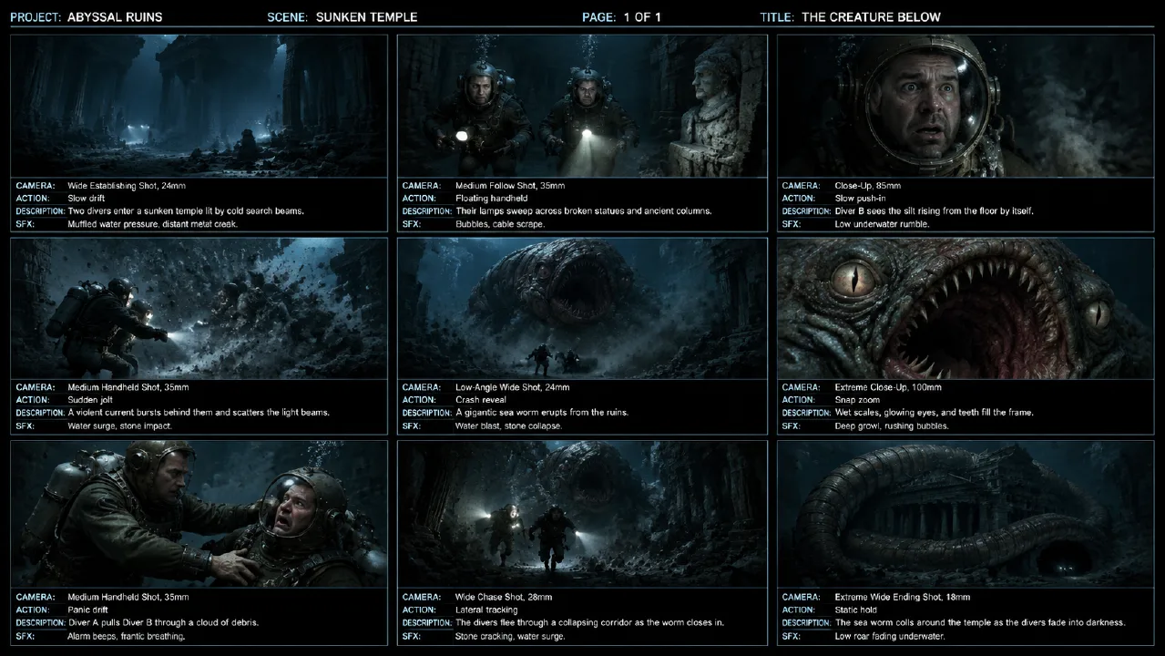 Abyssal Sea Worm 9-Grid Cinematic Storyboard