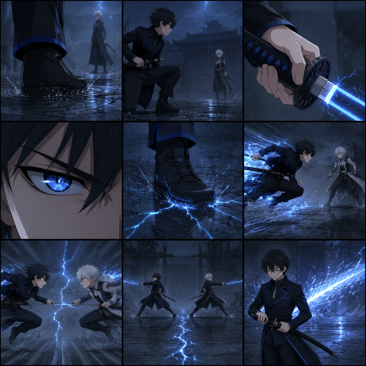 Thunder Iaido 9-Grid Anime Lineart Storyboardのテンプレートプレビュー