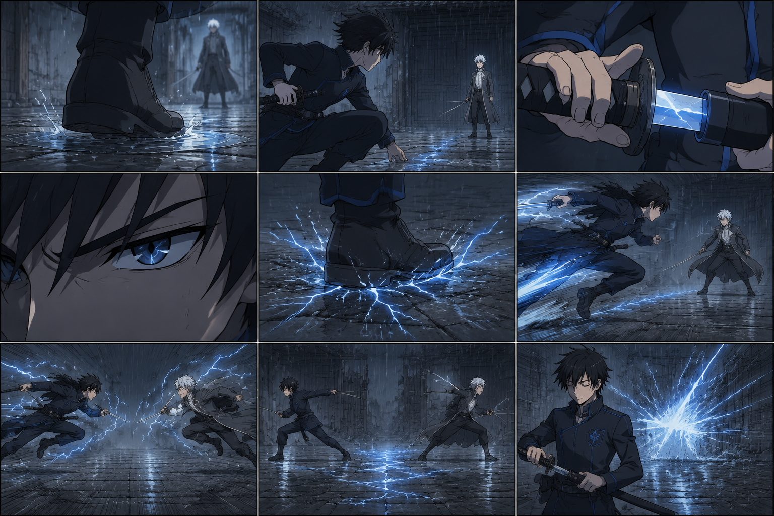 Thunder Iaido 9-Grid Anime Lineart Storyboard template preview