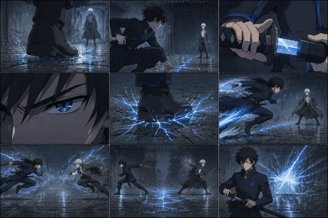 Thunder fight 9-Grid Anime Lineart Storyboard