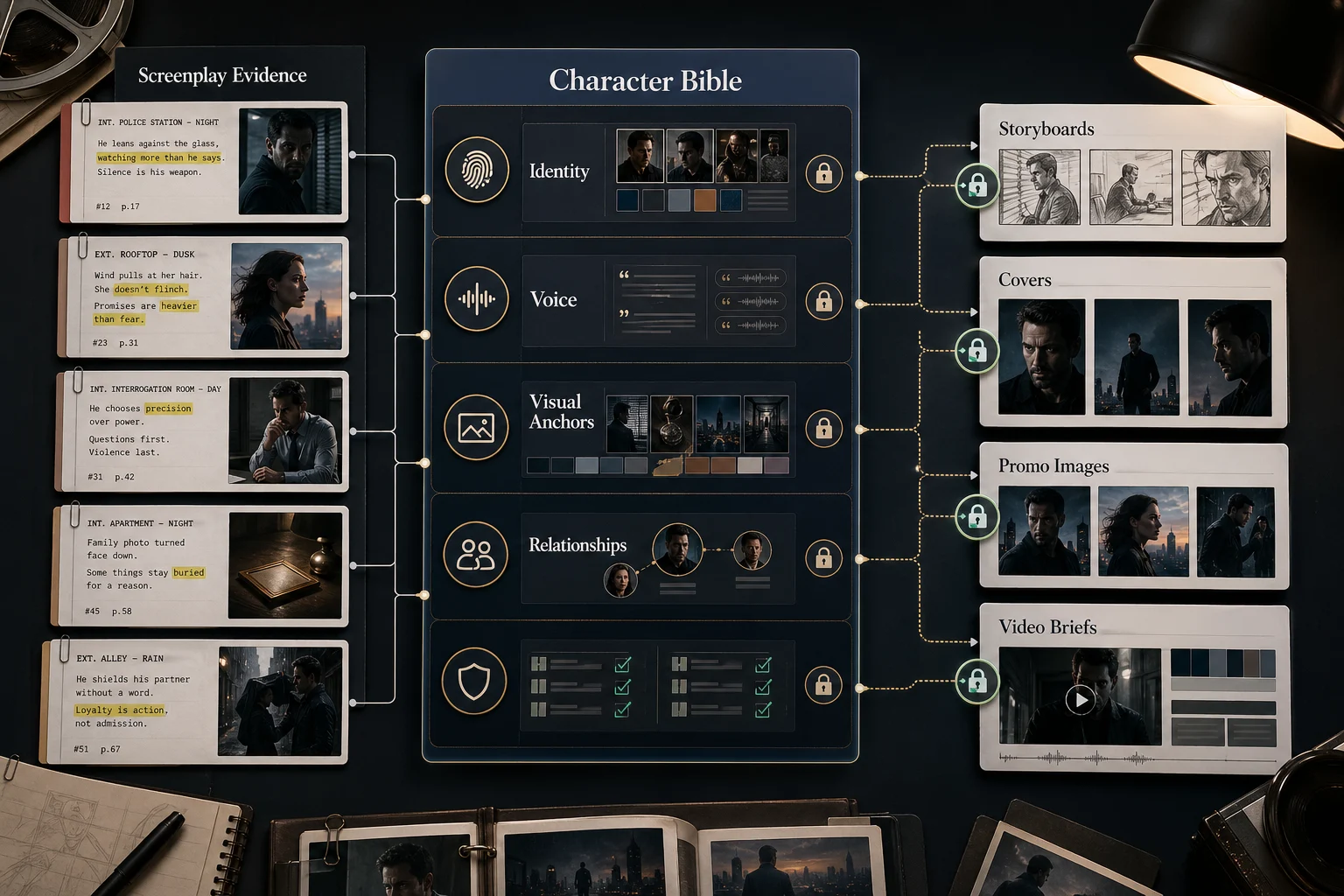 AI character bible diagram showing screenplay evidence converted into identity, voice, visual anchor, relationship, and continuity rules for storyboards, covers, promo assets, and video briefs.