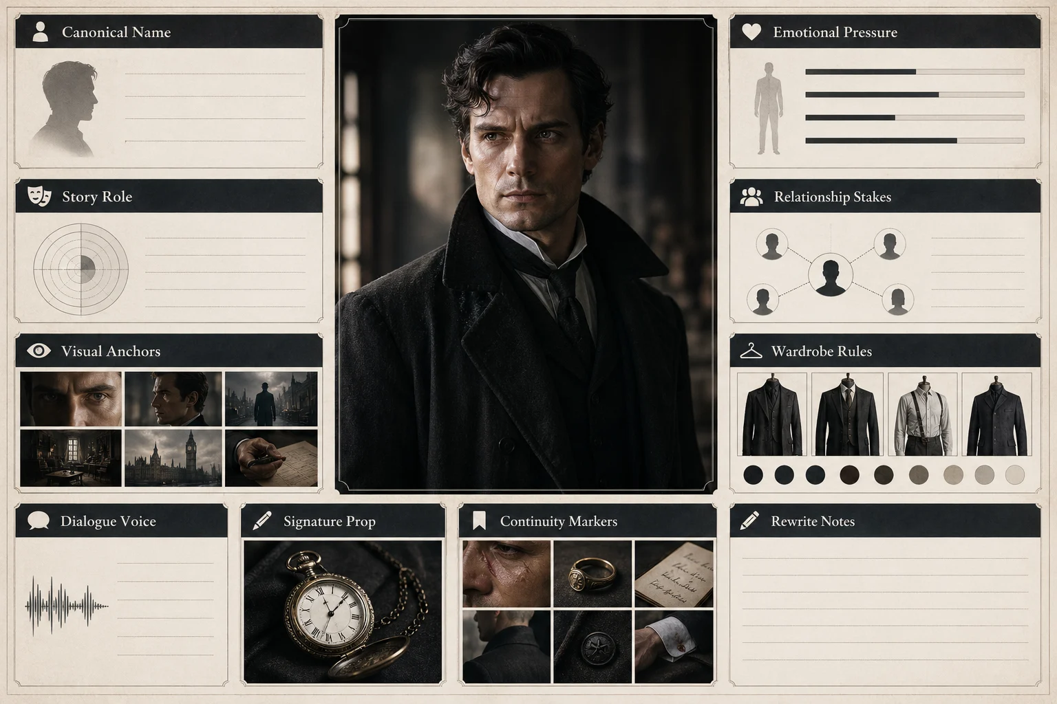 AI character bible field matrix covering character identity, dialogue voice, visual anchors, relationship stakes, and continuity markers for drama production.