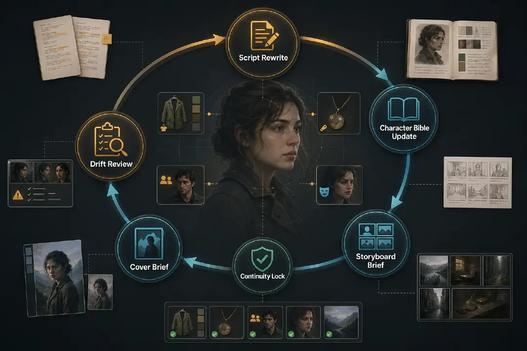 Character continuity update loop showing script rewrite, character bible rule update, storyboard and cover brief generation, drift review, and approved continuity lock.