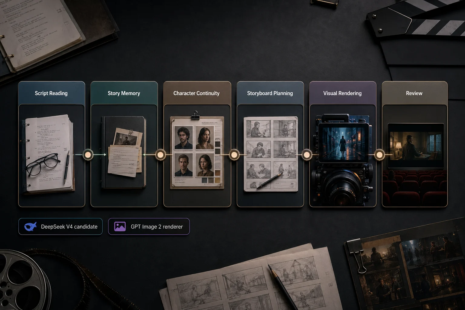 AI video agent architecture map showing script reading, story memory, character continuity, storyboard planning, visual rendering, and review for drama production.