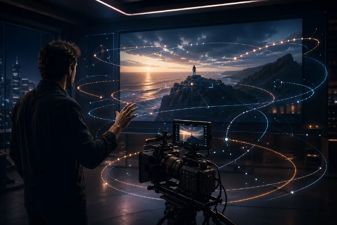 AI video agent harness showing a director, camera rig, cinematic preview, and motion-path planning cues for camera movement and shot continuity.