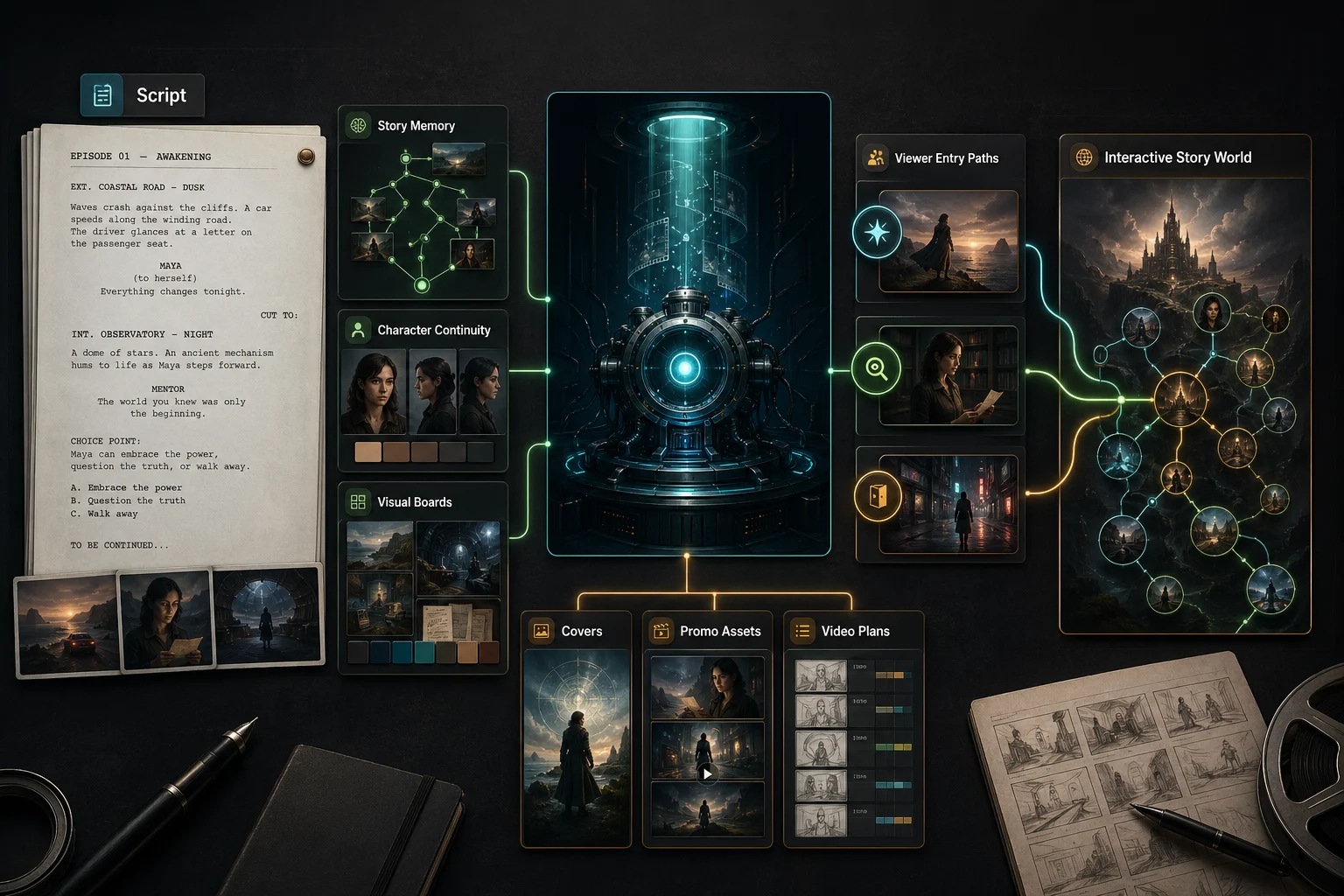 Arcloop interactive story world map showing a screenplay becoming story memory, character continuity, visual boards, covers, promo assets, video plans, and viewer entry paths.