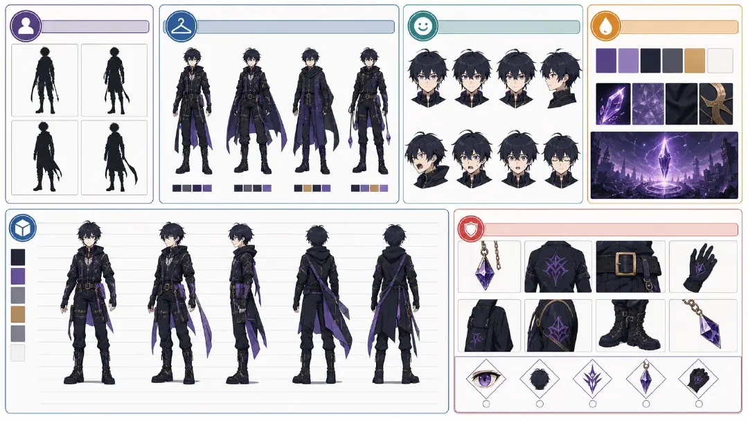 Full-body anime character checklist board with silhouette, outfit range, expression set, color motif, and turnaround views for reusable series production.