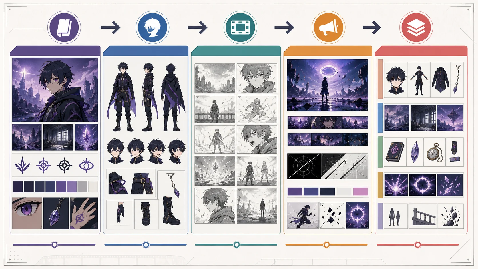 Anime OC production map showing OC bible, character sheet, storyboard grid, opening brief, and episode asset planning for an AI short series.
