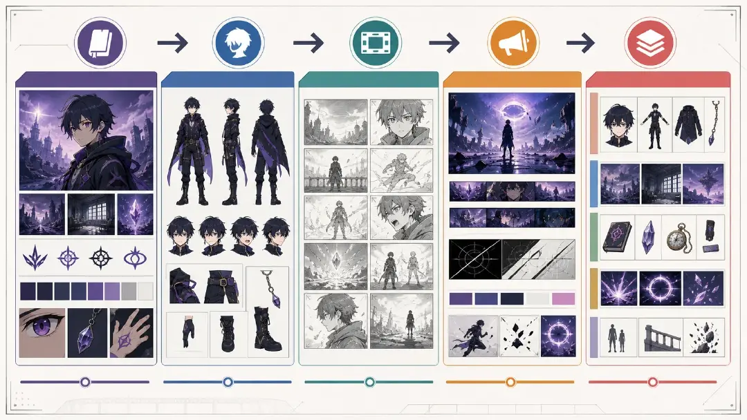 Anime OC production map showing OC bible, character sheet, storyboard grid, opening brief, and episode asset planning for an AI short series.