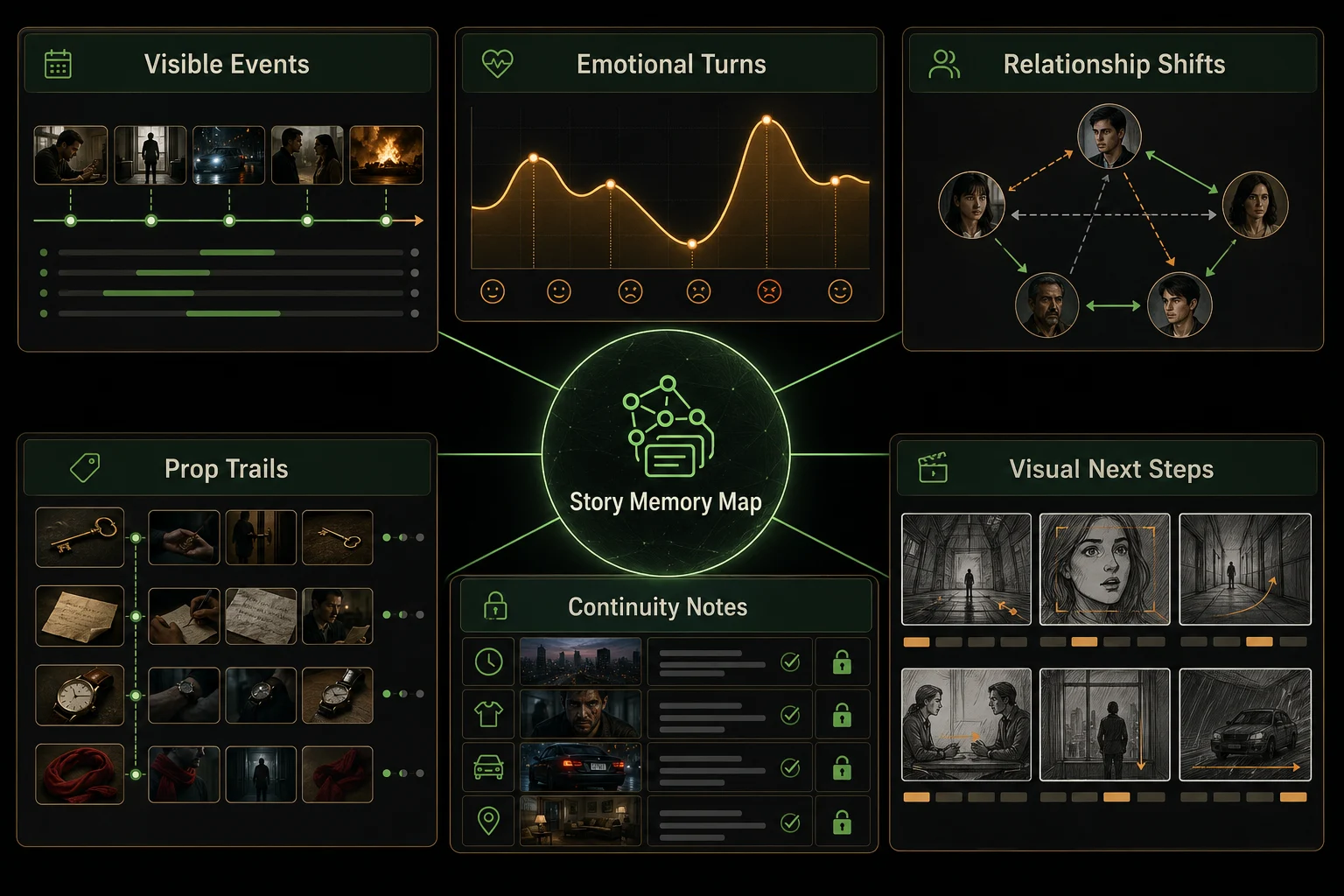 DeepSeek V4 script breakdown map explaining visible events, emotional turns, relationship shifts, prop trails, continuity notes, and visual next steps for drama production.