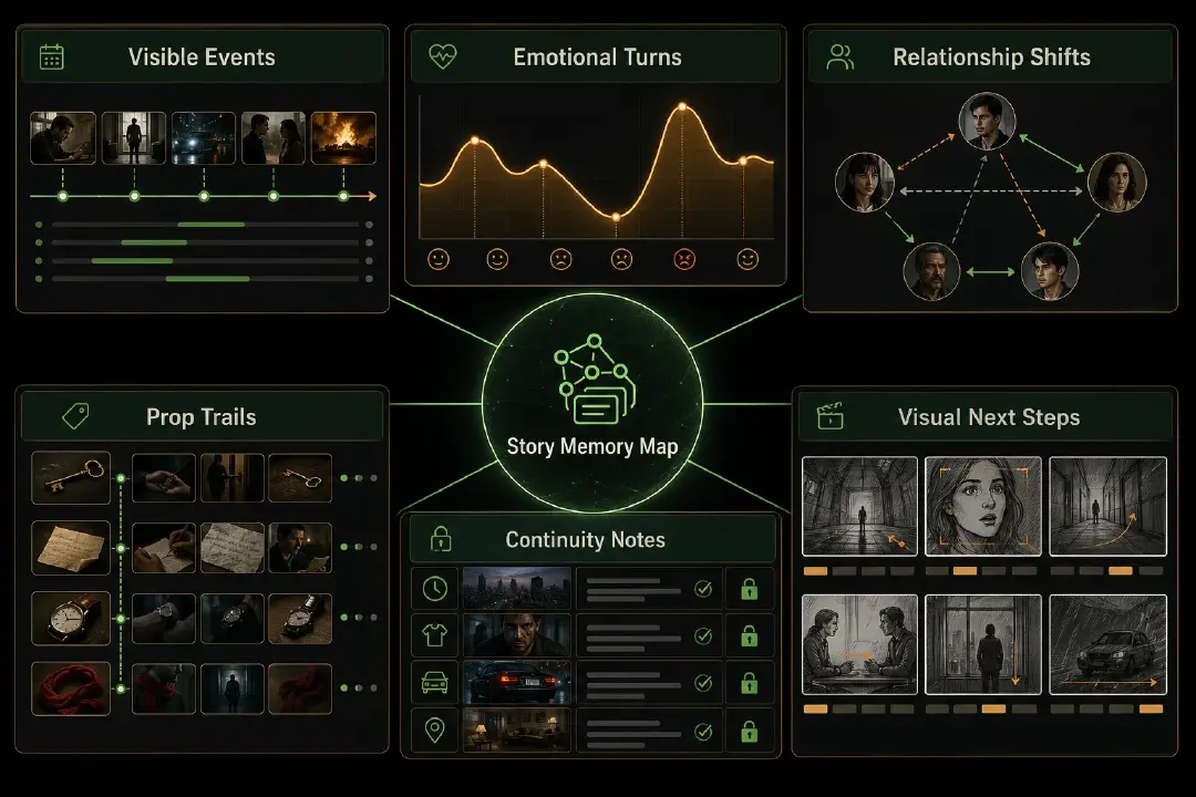 DeepSeek V4 script breakdown map explaining visible events, emotional turns, relationship shifts, prop trails, continuity notes, and visual next steps for drama production.