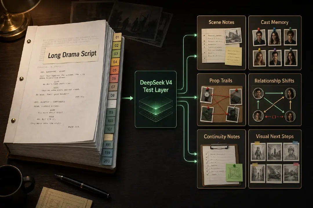 DeepSeek V4 script breakdown map showing a drama script turned into scene notes, cast memory, prop trails, relationship shifts, continuity notes, and visual next steps.