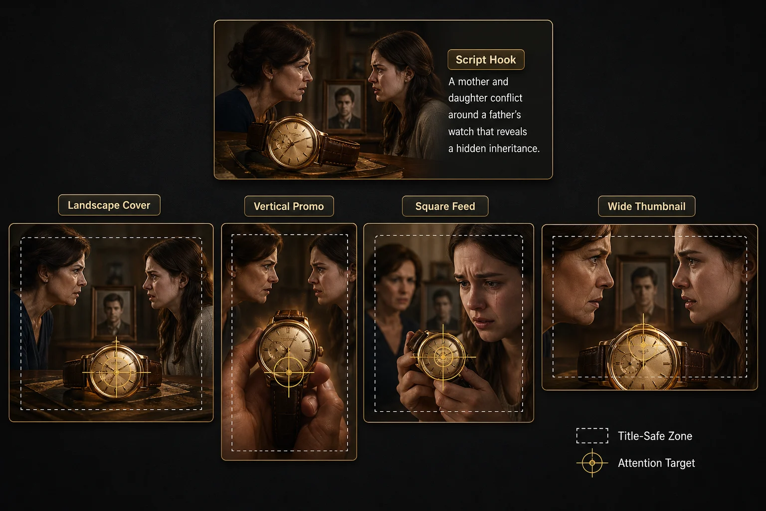 Episode cover and promo image variant board showing one drama scene hook adapted into a landscape cover, vertical promo image, square feed image, and thumbnail.
