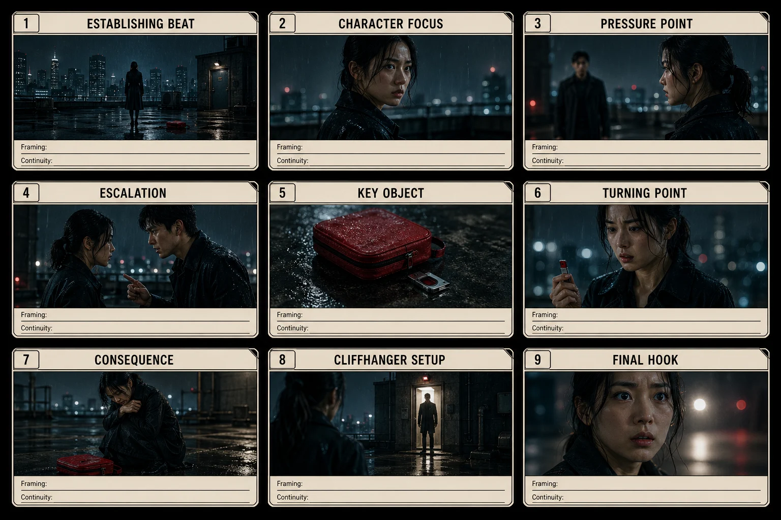 GPT Image 2 3x3 storyboard grid template for a drama scene with nine panels for establishing beat, character focus, pressure point, escalation, key object, turning point, consequence, cliffhanger setup, and final hook.