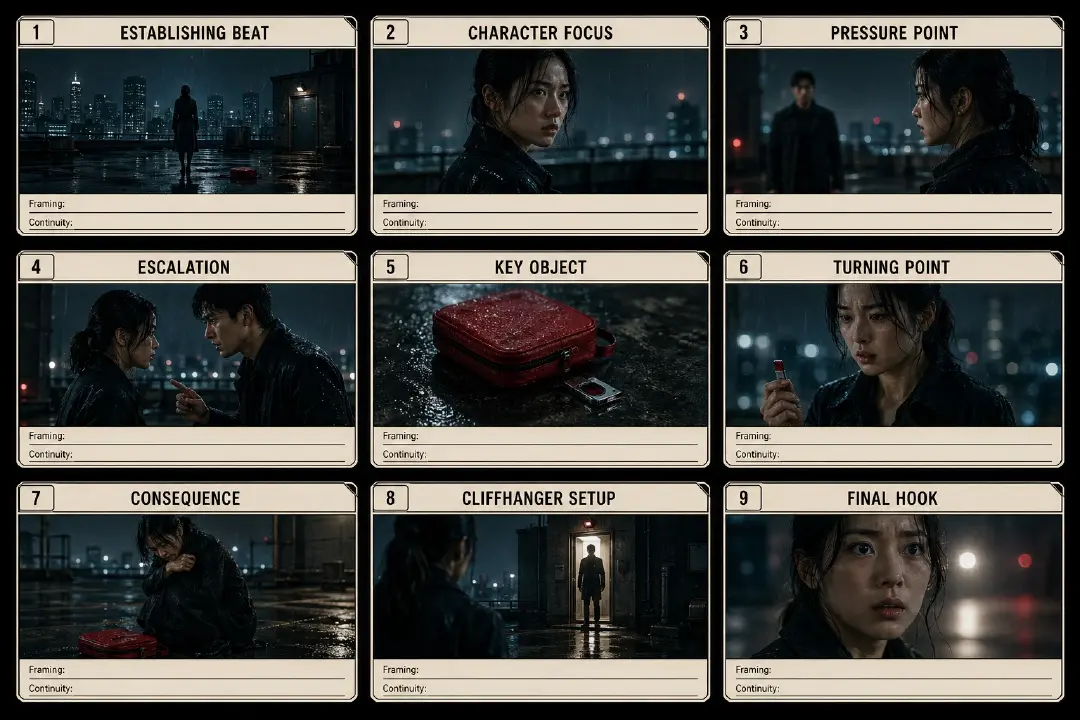 GPT Image 2 3x3 storyboard grid template for a drama scene with nine panels for establishing beat, character focus, pressure point, escalation, key object, turning point, consequence, cliffhanger setup, and final hook.