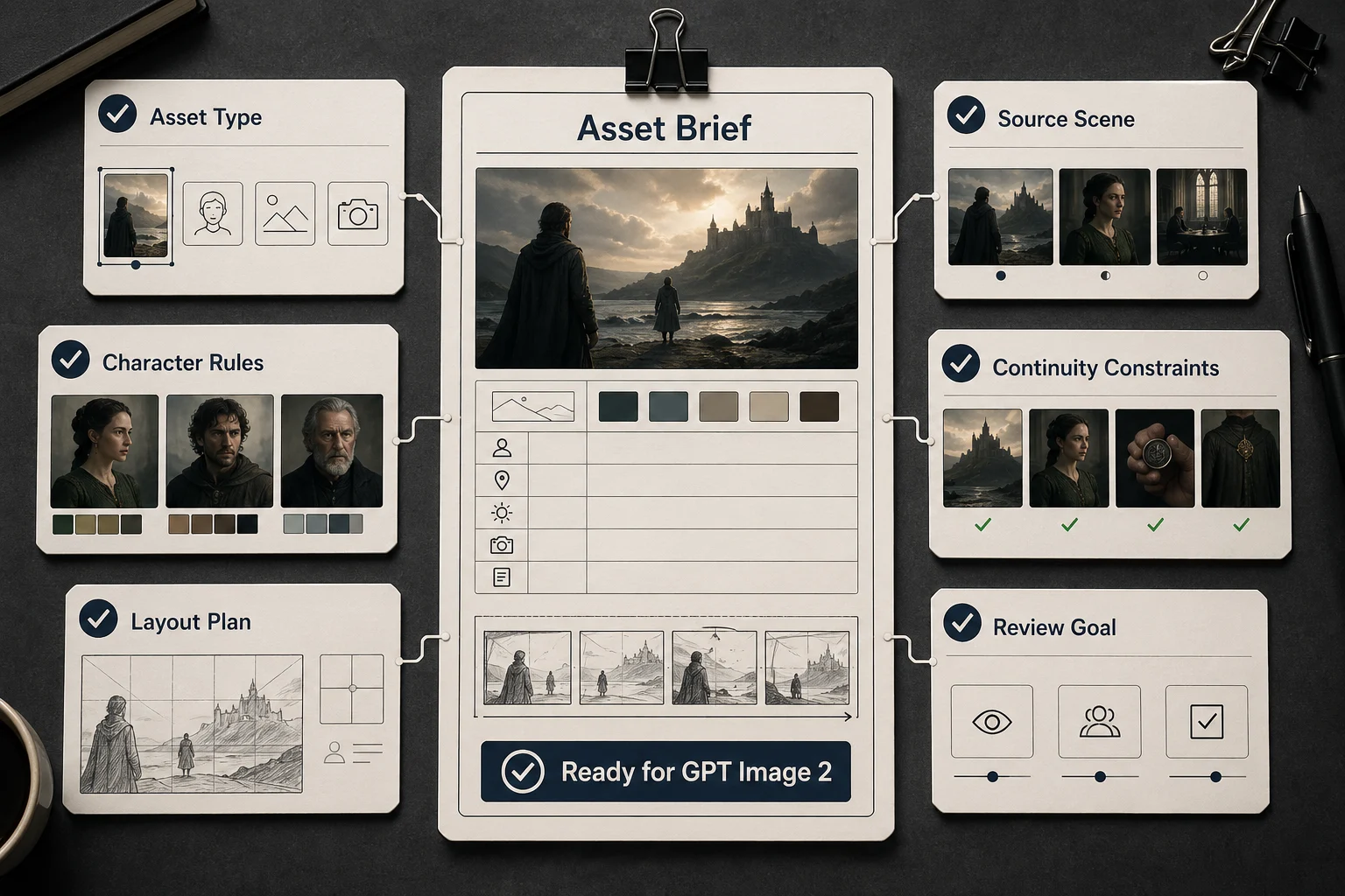 GPT Image 2 drama brief showing asset type, source scene, character rules, continuity constraints, layout plan, and review goal before generation.