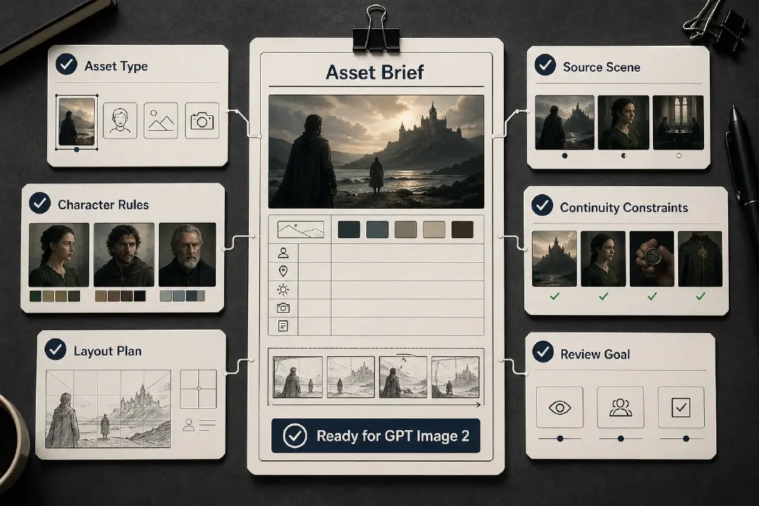 GPT Image 2 drama brief showing asset type, source scene, character rules, continuity constraints, layout plan, and review goal before generation.
