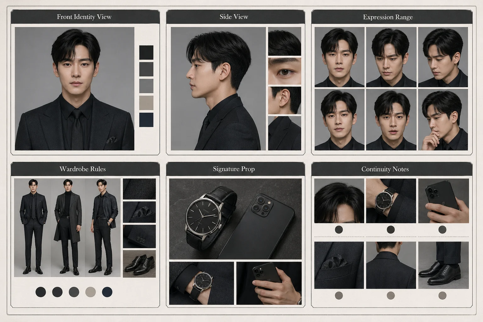 GPT Image 2 character sheet template for AI drama showing front identity view, side view, expression range, wardrobe rules, signature prop, and continuity notes.