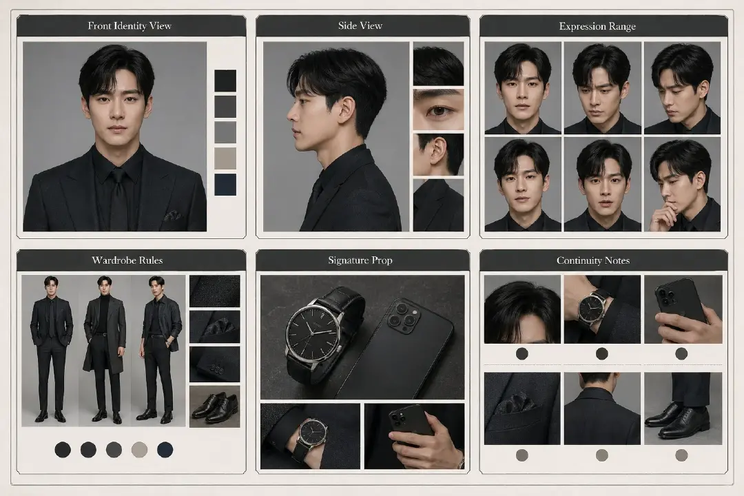 GPT Image 2 character sheet template for AI drama showing front identity view, side view, expression range, wardrobe rules, signature prop, and continuity notes.