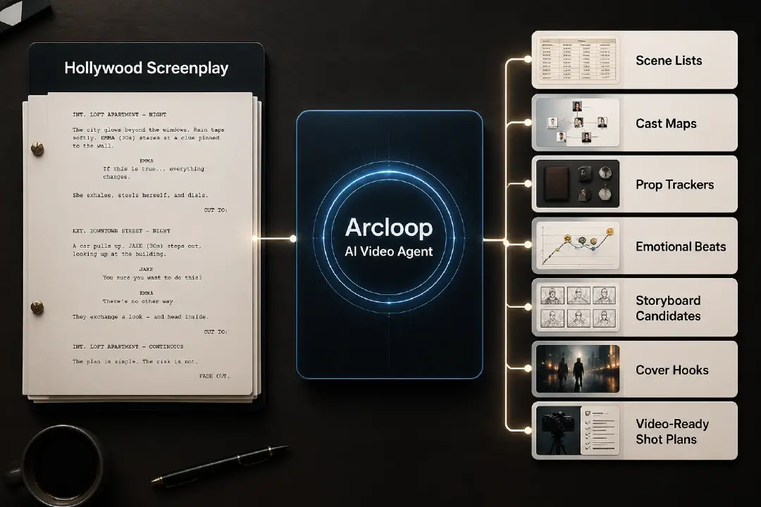 Hollywood screenplay format to Arcloop AI video agent map showing screenplay input feeding script breakdown, character bibles, storyboard grids, episode covers, promo images, and video-ready shot plans.