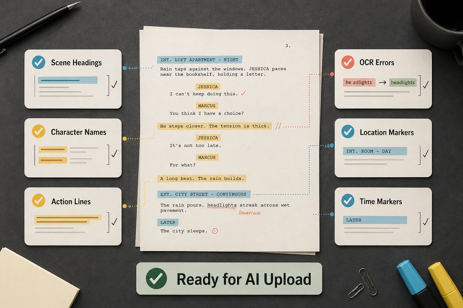 Hollywood screenplay cleanup checklist before AI upload covering consistent scene headings, character names, action lines, OCR errors, location markers, and time markers.
