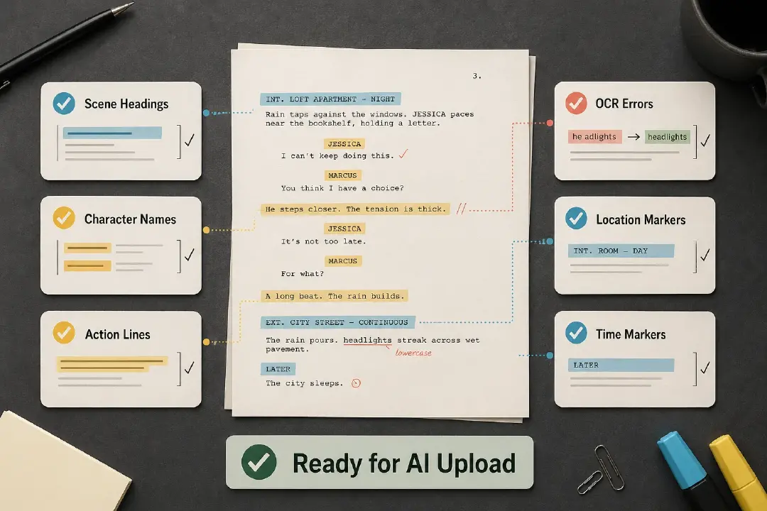 Hollywood screenplay cleanup checklist before AI upload covering consistent scene headings, character names, action lines, OCR errors, location markers, and time markers.