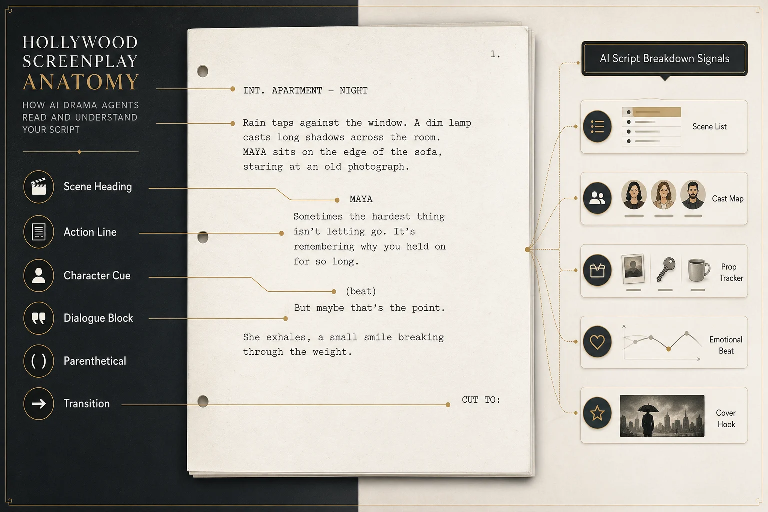 Hollywood screenplay format anatomy showing scene heading, action line, character cue, dialogue block, parenthetical, and transition as AI script breakdown signals.