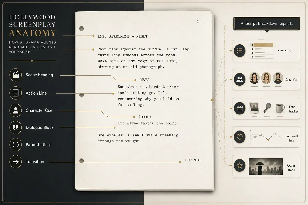 Hollywood screenplay format anatomy showing scene heading, action line, character cue, dialogue block, parenthetical, and transition as AI script breakdown signals.